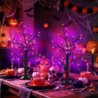 [Timer] 2 Pack Halloween Decorations Indoor, 24 Inch Lighted Black Halloween Tree with 24 Orange & Purple Lights, USB or Battery Powered Spooky Tabletop Tree for Home, Party, Fireplace & Holiday Decor