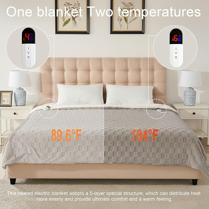 Electric Blanket, Soft Checked Flannel Fast Heating Blanket - Image 8