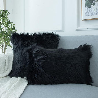 LIGICKY Set of 2 Decorative Black Lumbar Fluffy Throw Pillow Cover Faux Fur - Image 3