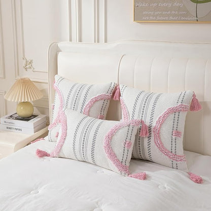 Boho Throw Pillow Covers 12x20 Set of 2 Cotton Woven Tufted Farmhouse Lumbar - Image 4