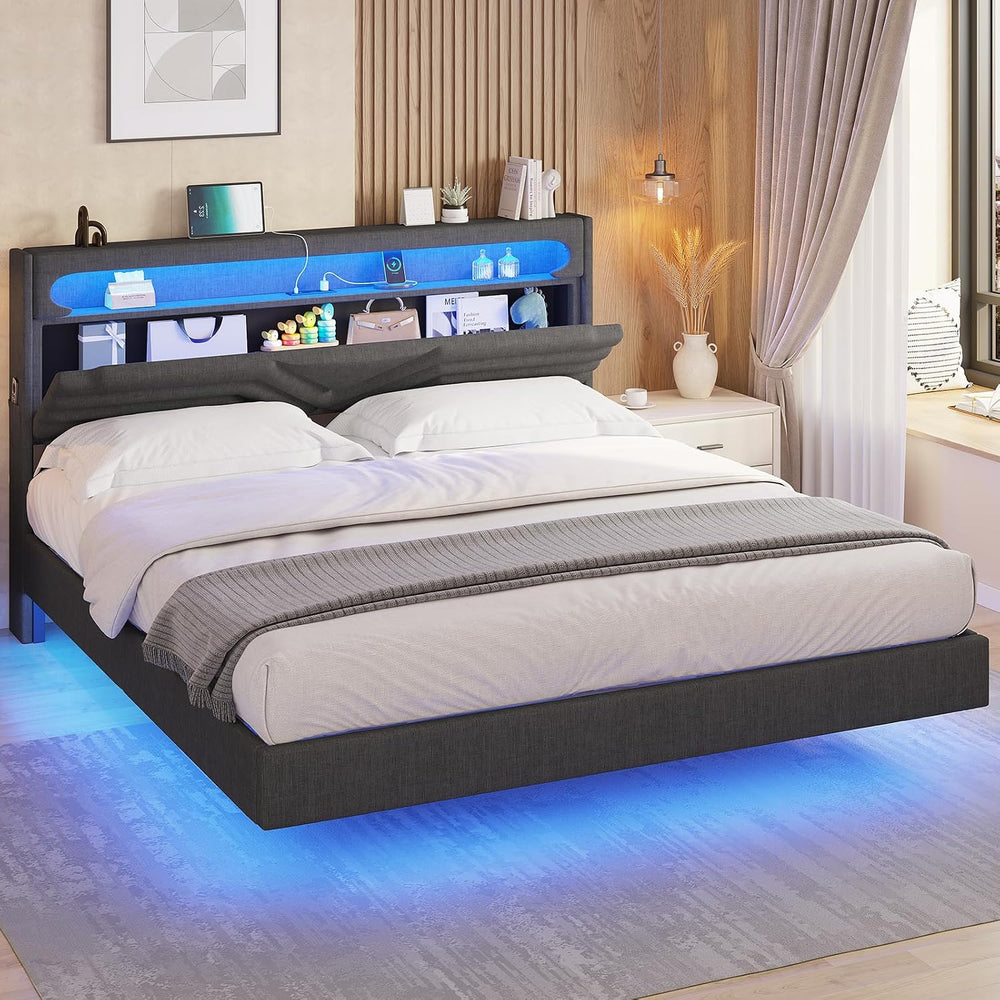 HAUOMS LED Floating Bed Frame Queen Size with Storage Headboard, Dark Grey