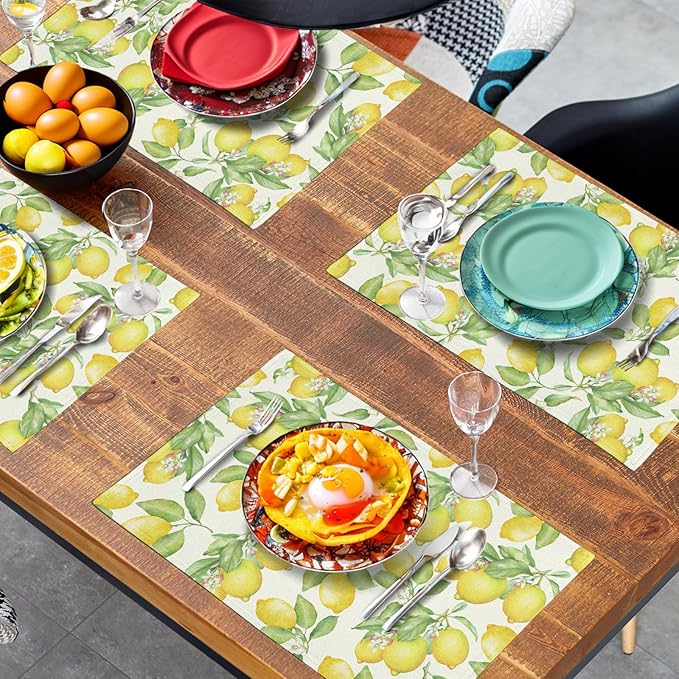 Lemon Placemats Set of 4 Summer Yellow Fruit Green Leaf Floral Linen Table Mat - Image 7