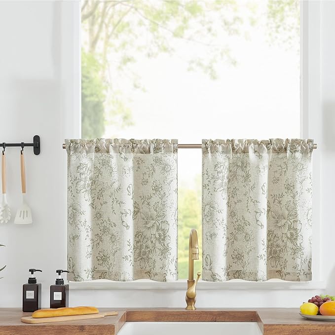 JINCHAN Floral Linen Tier Curtains Floral Sage on Beige Cafe Curtains 24 Inch by JINCHAN