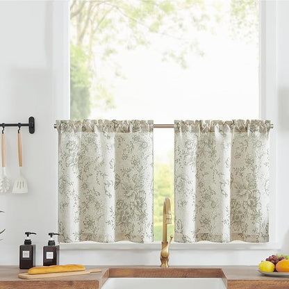 JINCHAN Floral Linen Tier Curtains Floral Sage on Beige Cafe Curtains 24 Inch by JINCHAN