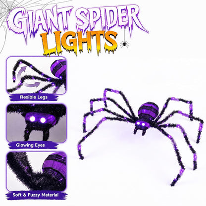 3 Pack Halloween Giant Spiders,4.1Ft Lighted Spider with 8 Lighting Modes