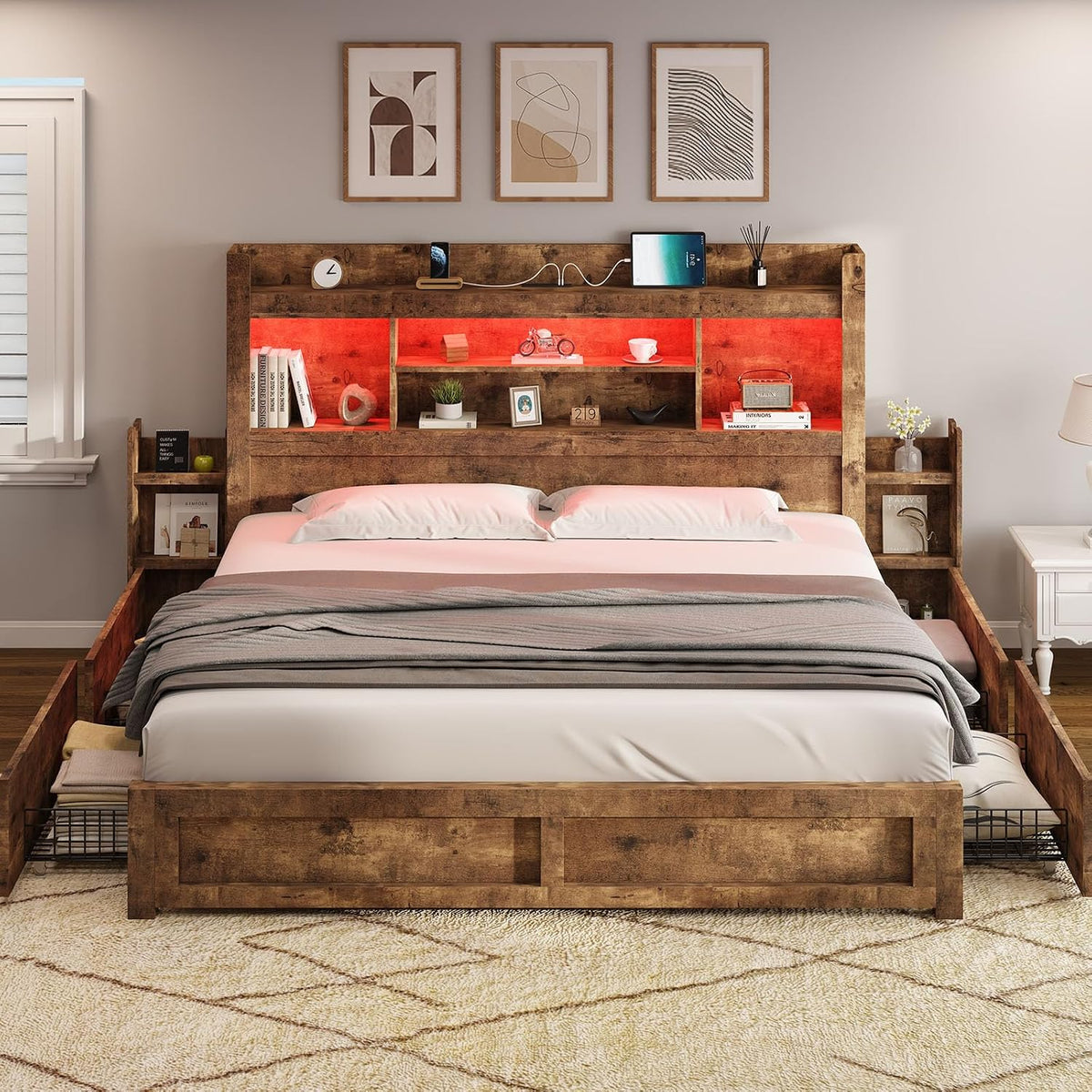 amerlife queen bed frame with bookcase headboard &, main product view