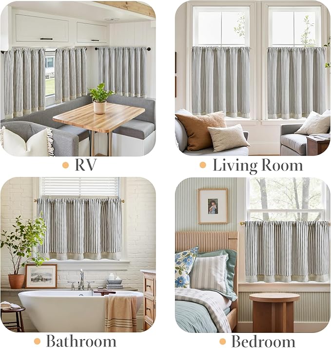 jinchan Double Layer Striped Linen Kitchen Tier Curtain Rustic Cafe - Image 5