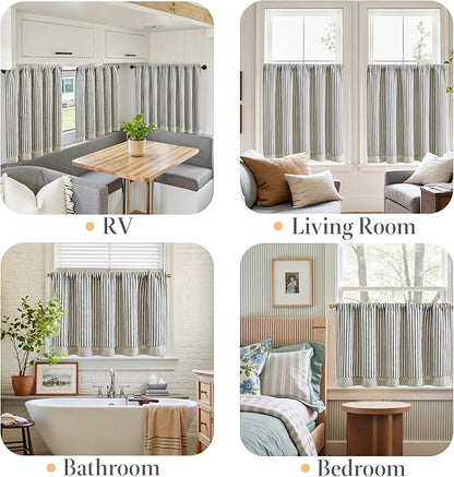 jinchan Double Layer Striped Linen Kitchen Tier Curtain Rustic Cafe - Image 5
