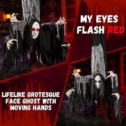 Halloween Animatronics Decorations Hanging Ghost with 4 Hands, 67'' Animated Spooky Zombie Ghosts with Creepy Sounds, Lighted Eyes, Scary Move, Haunted House Props Decor for Indoor Outdoor Yard Lawn