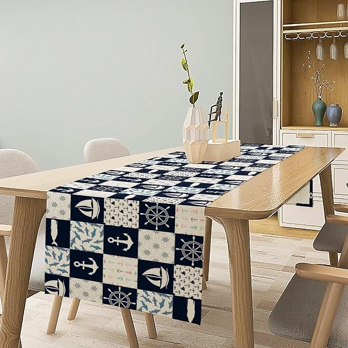 Navigation Patchwork Table Runner, Nautical Anchor Sailboat Rudder Graffiti - Image 2