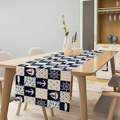 Navigation Patchwork Table Runner, Nautical Anchor Sailboat Rudder Graffiti - Image 2