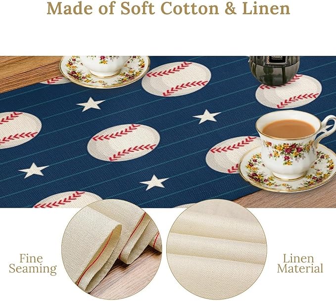 Sports Table Runner, Baseball Patterns Striped Stars Design Dinner Runner Table - Image 5
