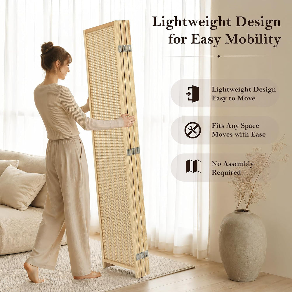 6 Panel Bamboo Room Divider, Folding Privacy Screen, Natural
