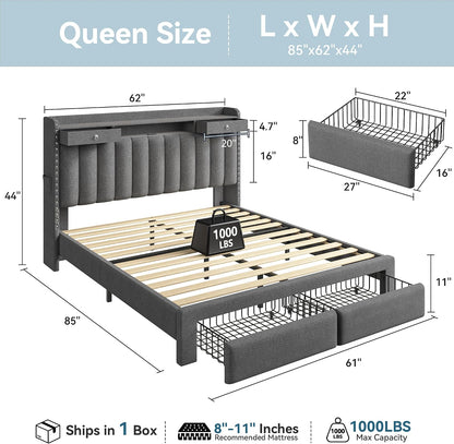 queen bed frame with 2-tier storage headboard and shown in use