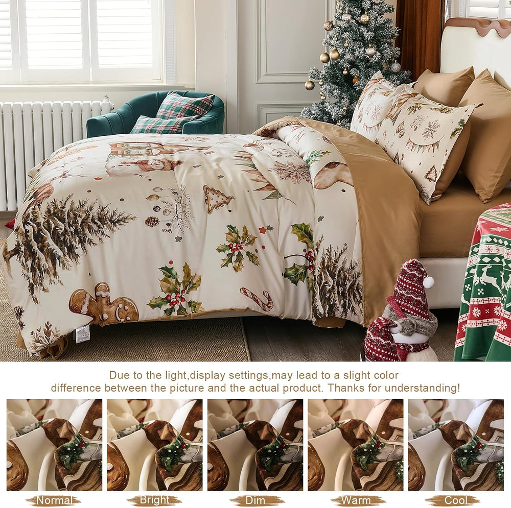 Luxudecor Christmas Comforter Set Queen Size 7 Pieces, Beige Farmhouse Bed in...