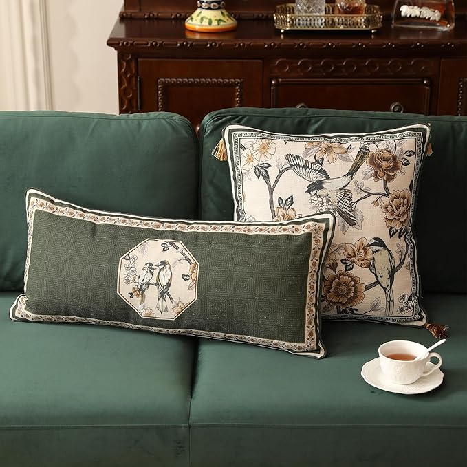ISAENNE Design Linen Chinoiserie Lumbar Throw Pillow Covers 12"x28", Farmhouse - Image 6