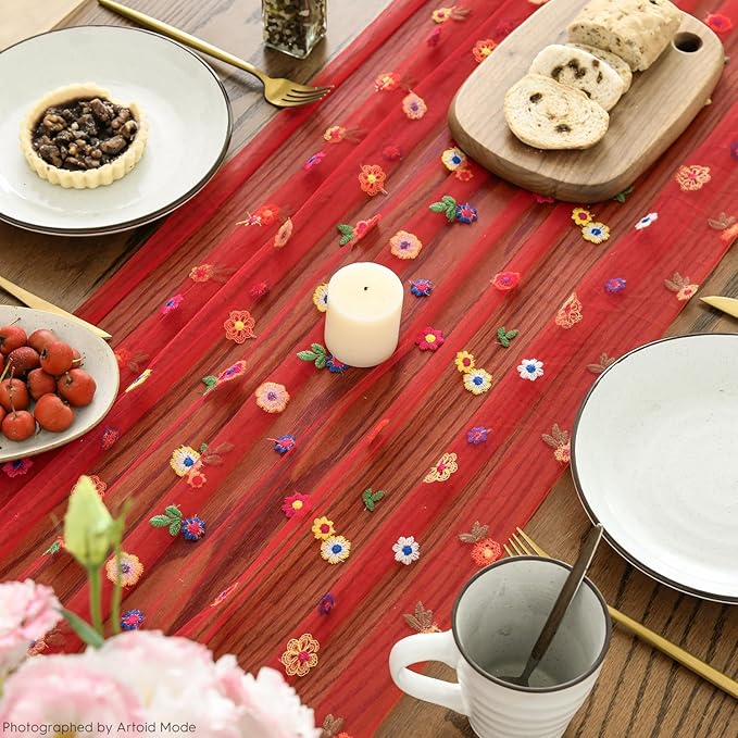 Artoid Mode 3PCS Red Embroidery Daisy Gauze Table Runner 120 Inch 10FT - Image 4