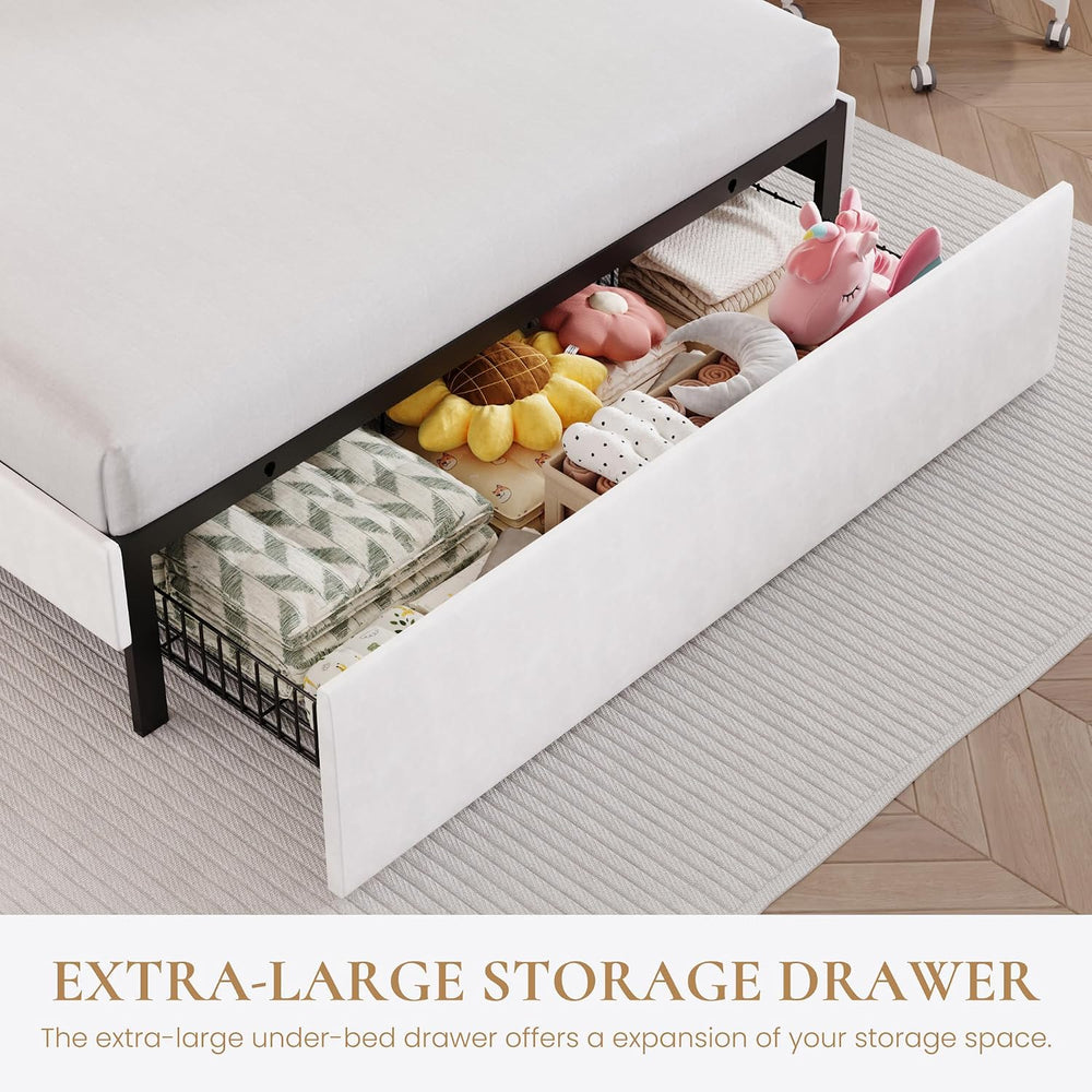 SHA CERLIN Queen Size Bed Frame with LED Lights and Storage Drawer, White