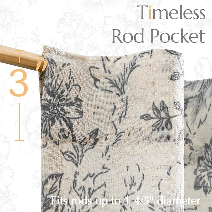 jinchan Linen Floral Tier Curtains 24 Inch Farmhouse Botanic Grey Cafe Curtains - Image 7