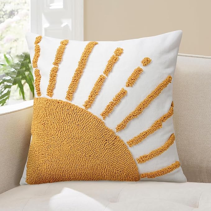 Adabana Boho Decorative Yellow Throw Pillow Covers 20x20, Tufted Sun Pillow by Adabana