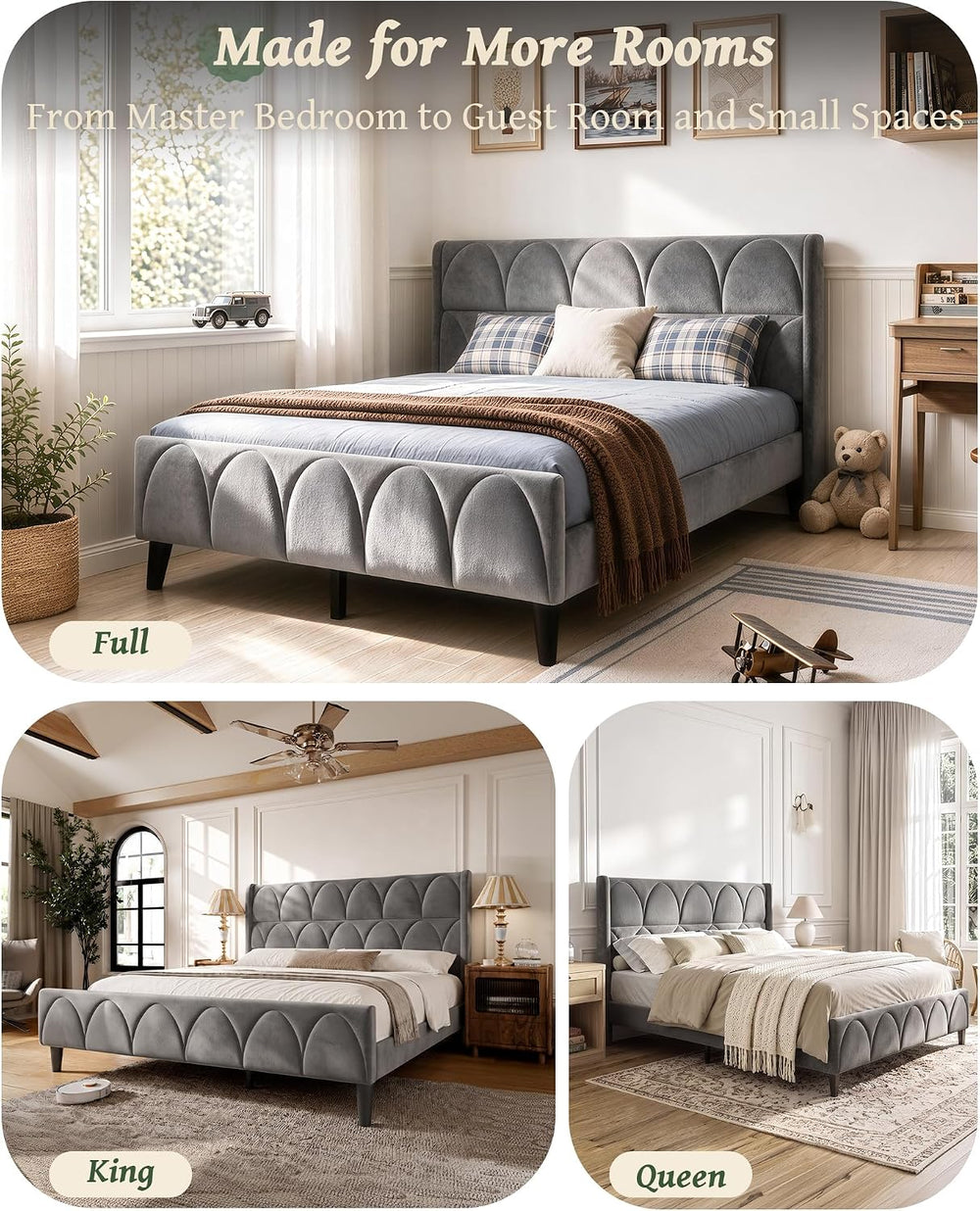 OHOHOLIVE Full Size Bed Frame Velvet Upholstered Headboard Platform Bed