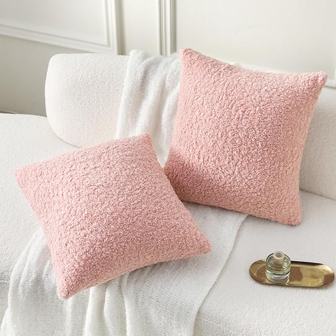 FUTEI Pink Throw Pillow Covers 18x18 Inch Set of 2, Furry Faux Fur Teddy Boucle - Image 5