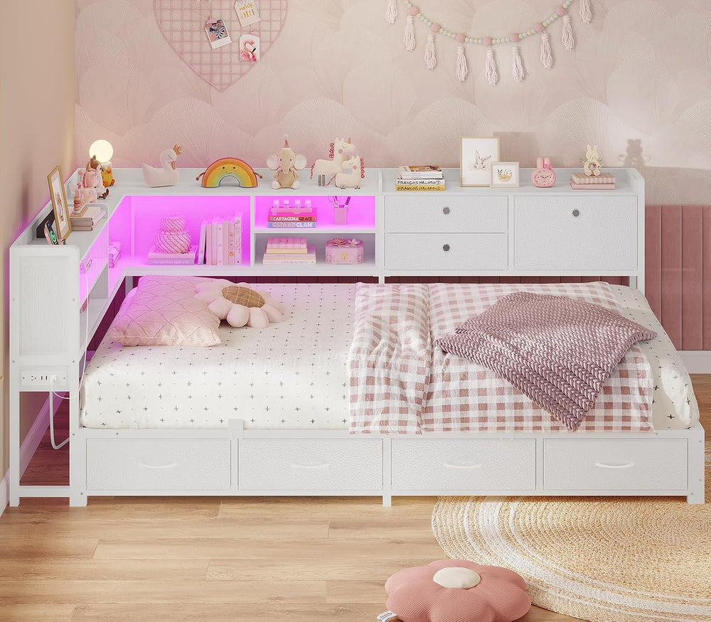 BTHFST Corner Bed Frame with Charging Station & Led Lights, White