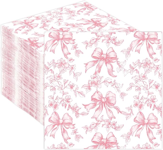 50 Pcs Pink Bow Napkins Coquette Party Supplies Pink Floral Disposable Cocktail by Quera