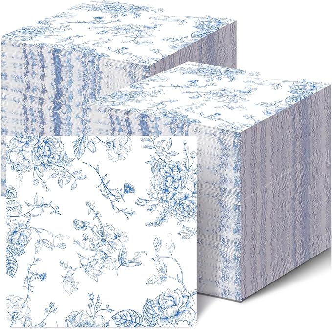 100 Pack Blue Floral Cocktail Napkins Blue and White Floral Toile Paper Napkins by HSPAIDYP