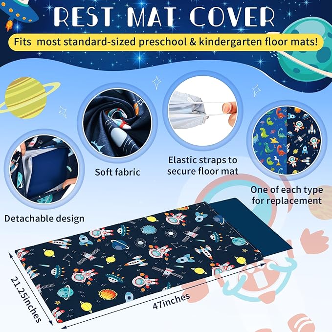 2 Pcs Dinosaurs Nap Mat Cover for Boys Girls Sewn in Flap Design Blue Sleeping - Image 2