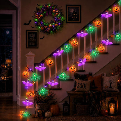 Couah Halloween Pumpkin Bat Spider LED String Lights, 12Ft Jack O Lantern Lights with 20 PCS Pumpkin Bat Spider Plug-in Waterproof for Outdoor Indoor Halloween Decorations