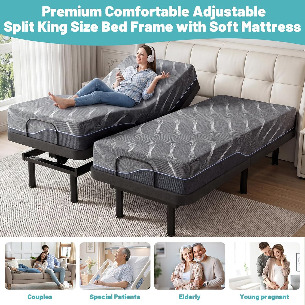 premium split king adjustable bed frame with 12", front angle view