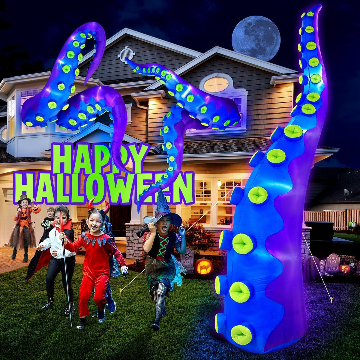 1PCS 14FT Giant Halloween Inflatables Octopus Tentacles, Huge Halloween Decorations Outdoor Build-in LED Lights Vivid Spooky Blow Up Yard Decoration Large Blowups Holiday Lawn Party Yard -Style D