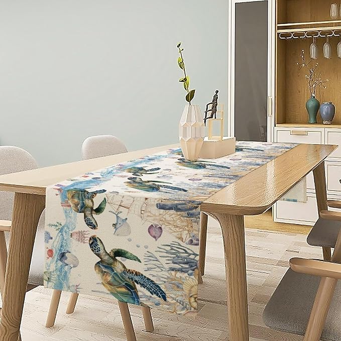 Watercolor Sea Turtle Table Runner Teal Blue Ocean Funmy Animal Octopus - Image 2