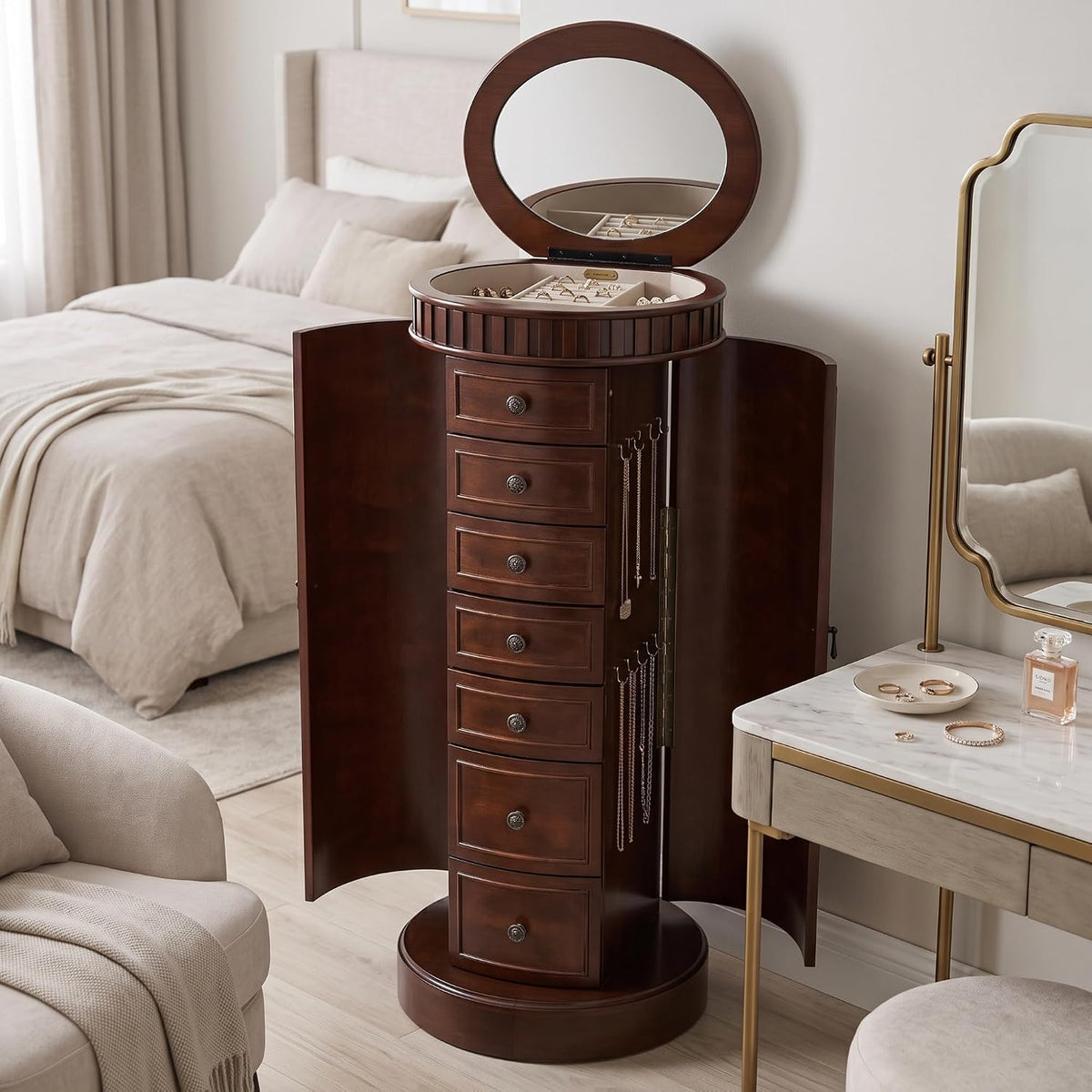 hives and honey bailey oval standing jewelry armoire shown in use