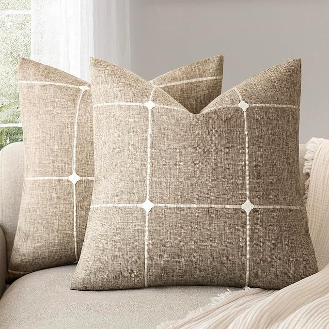 Foindtower Pack of 2 Decorative Faux Linen Jacquard Check Throw Pillow Covers by Foindtower