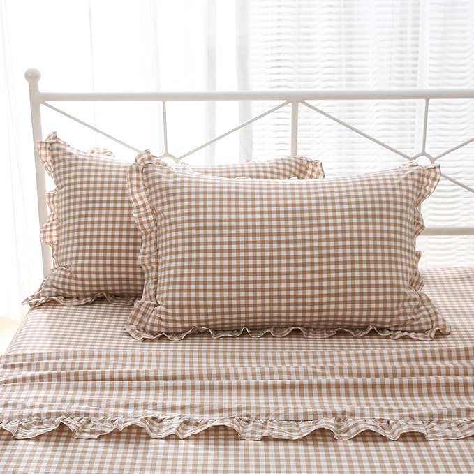 2 Pack Taupe White Plaid Ruffle Gingham King Size Pillow Shams, 100% Yarn-Dyed by KMASANIJI