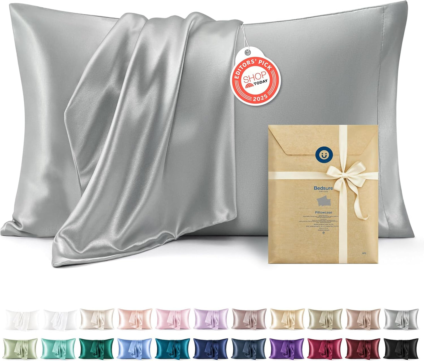 Bedsure Satin Pillowcase, Similar to Silk Pillow Cases Queen Size Set of 2, Cooling Pillow Case Covers with Envelope Closure, Room Decor Gifts for Women Men, Silver Grey, 20x30 Inches, 2pcs
