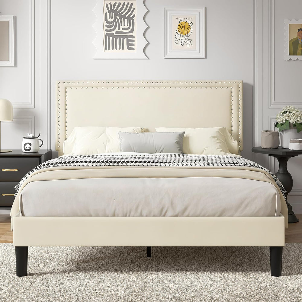 VECELO Queen Size Platform Bed Frame with Height Adjustable Upholstered Headb...