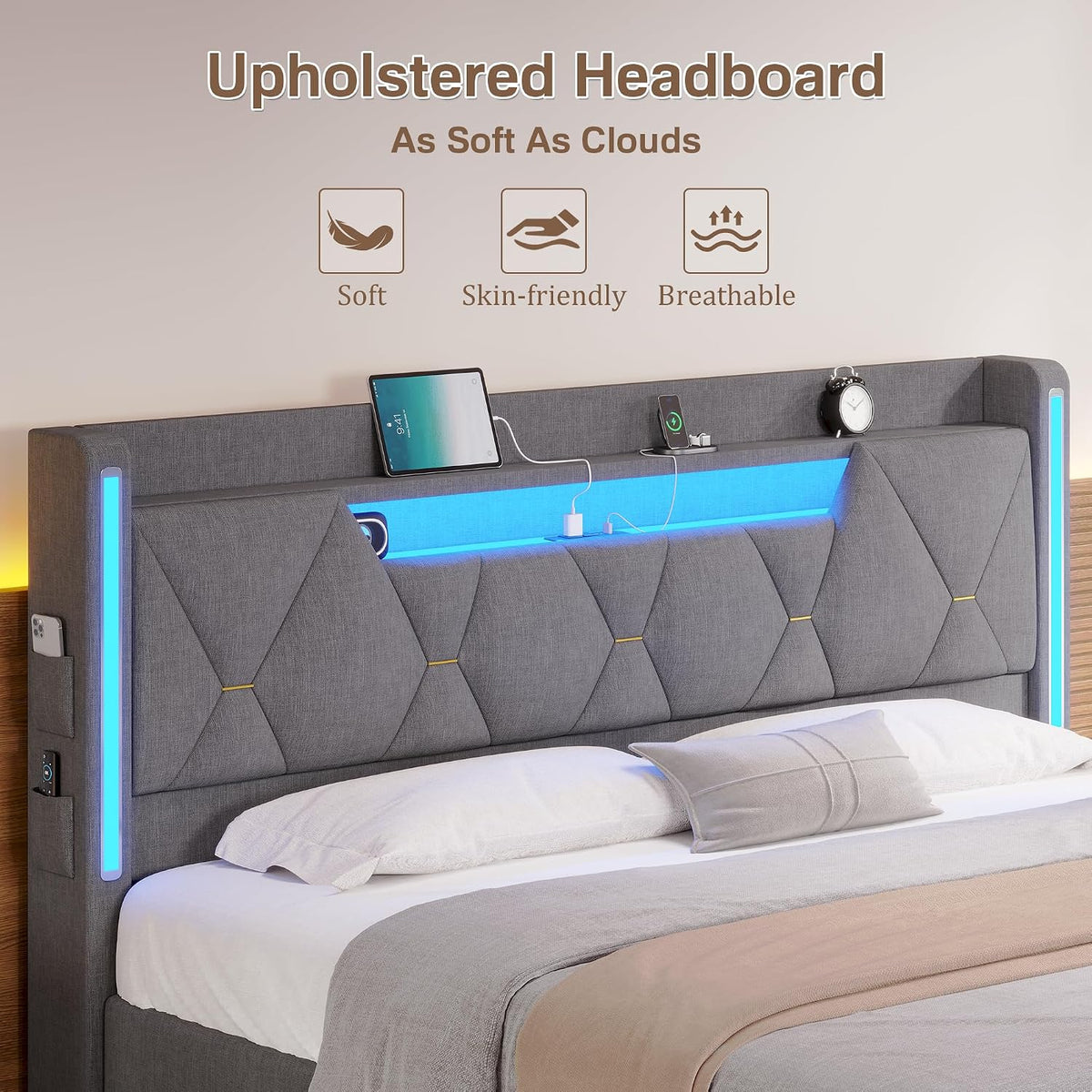 busyaeh queen size bed frame with 4 drawers showing dimensions
