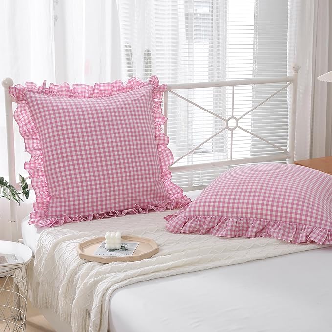 2 Pack Pink White Plaid Ruffle Euro Gingham Throw Pillow Covers, 100% Washed - Image 7