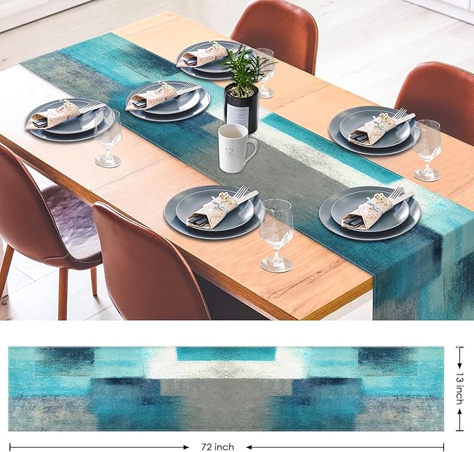Emvency Farmhouse Table Runner, Modern Teal and Grey Abstract Art Painting - Image 3