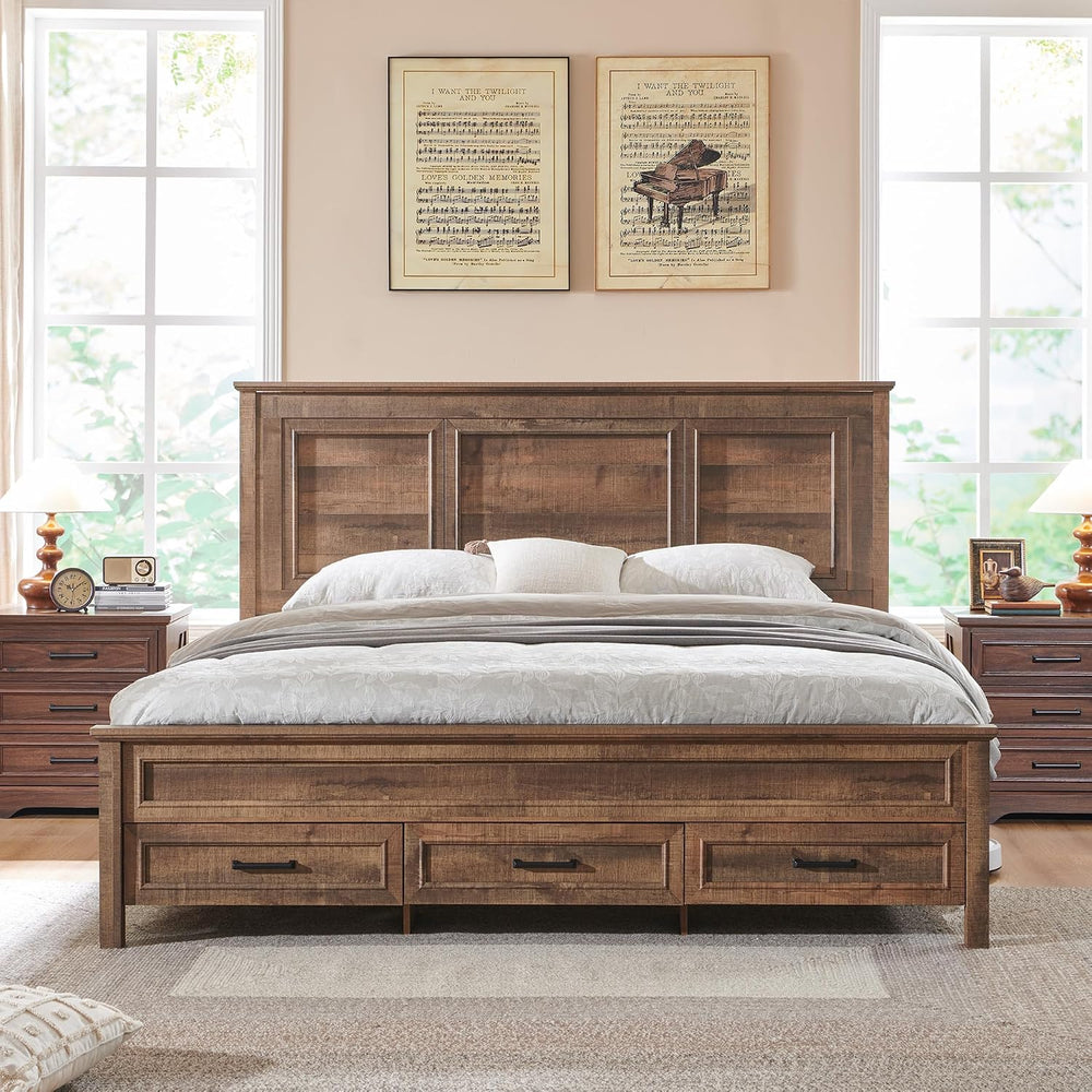 ACCOHOHO Farmhouse Queen Size Bed Frame with 53" Tall Headboard Light Brown