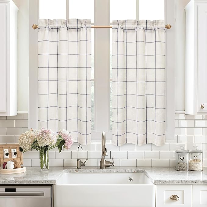 DriftAway Kitchen Curtains Striped Tier Linen Short Curtains Windowpane Plaid by DriftAway