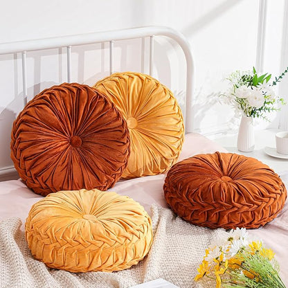 4 Pcs Round Throw Pillows Decorative Velvet Pleated Throw Pillows 15'' Diameter by Drydiet
