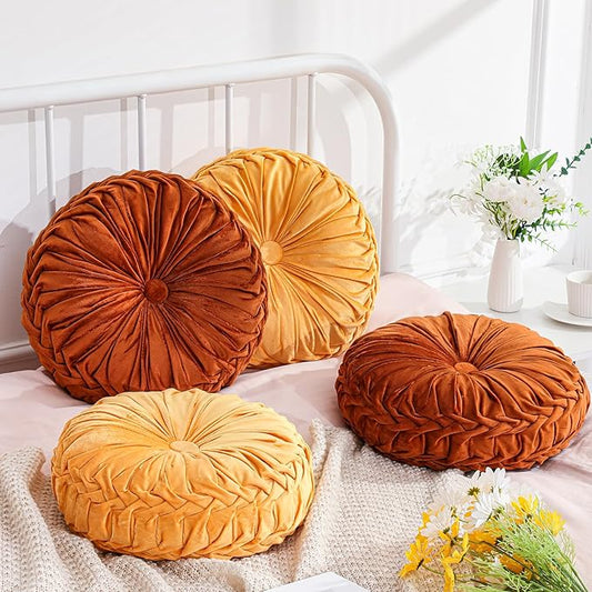 4 Pcs Round Throw Pillows Decorative Velvet Pleated Throw Pillows 15'' Diameter by Drydiet