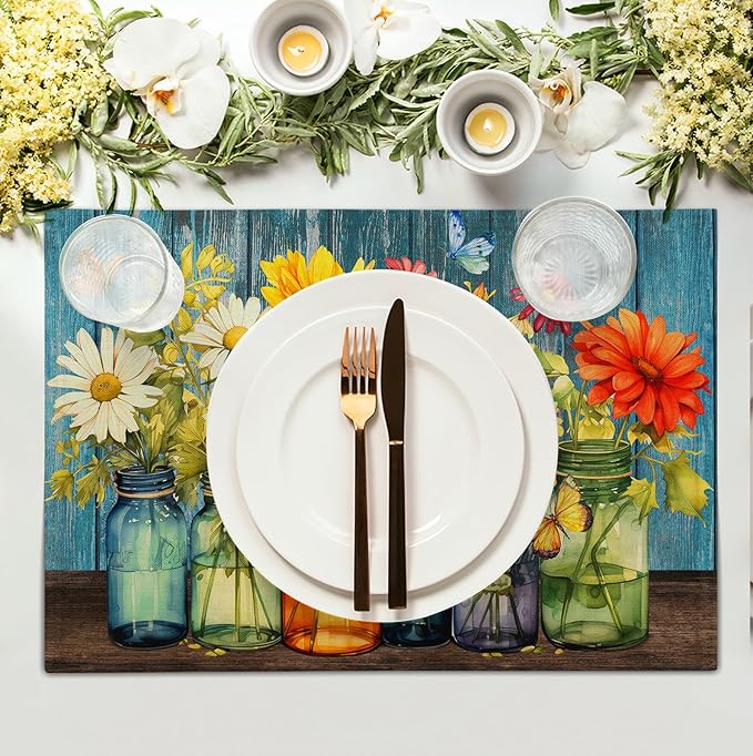 Rustic Daisy Placemats Set of 4 Vintage Flower Vases Wood Grain Linen Table - Image 3