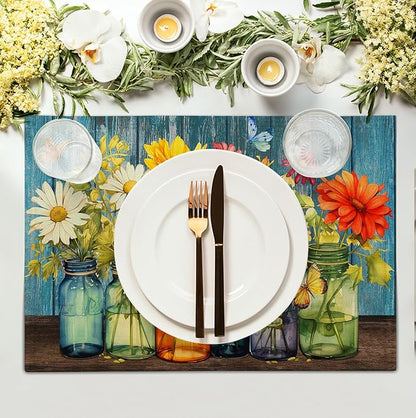 Rustic Daisy Placemats Set of 4 Vintage Flower Vases Wood Grain Linen Table - Image 3