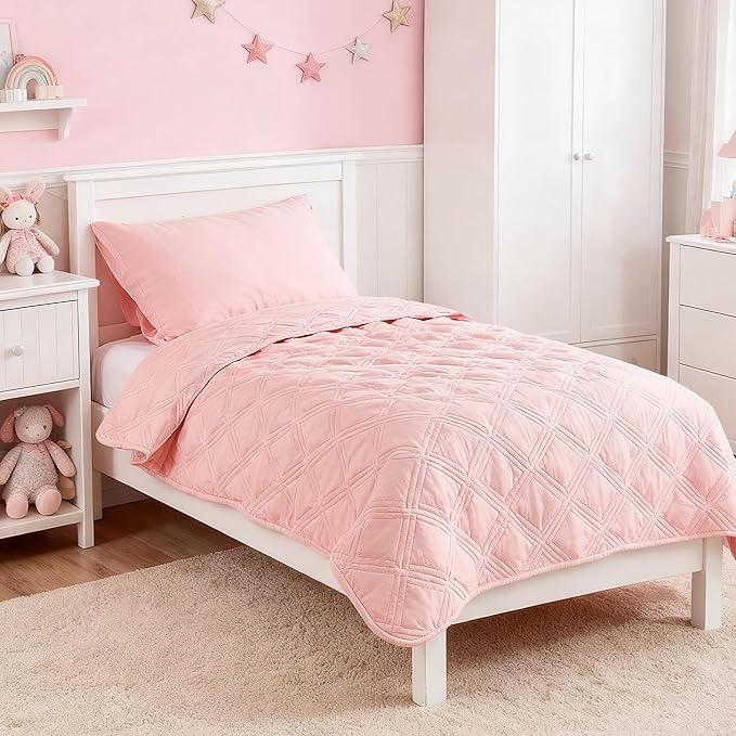 4 Piece Toddler Bedding Set for Girls Pink Geometric Stitched Soft Microfiber - Image 9