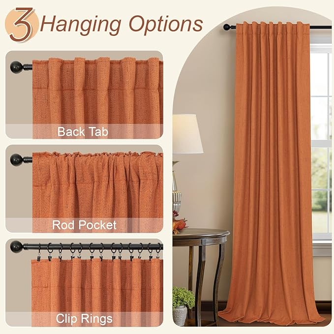 Burnt Orange 100% Blackout Window Curtain Panels Light Blocking Linen Boho - Image 6